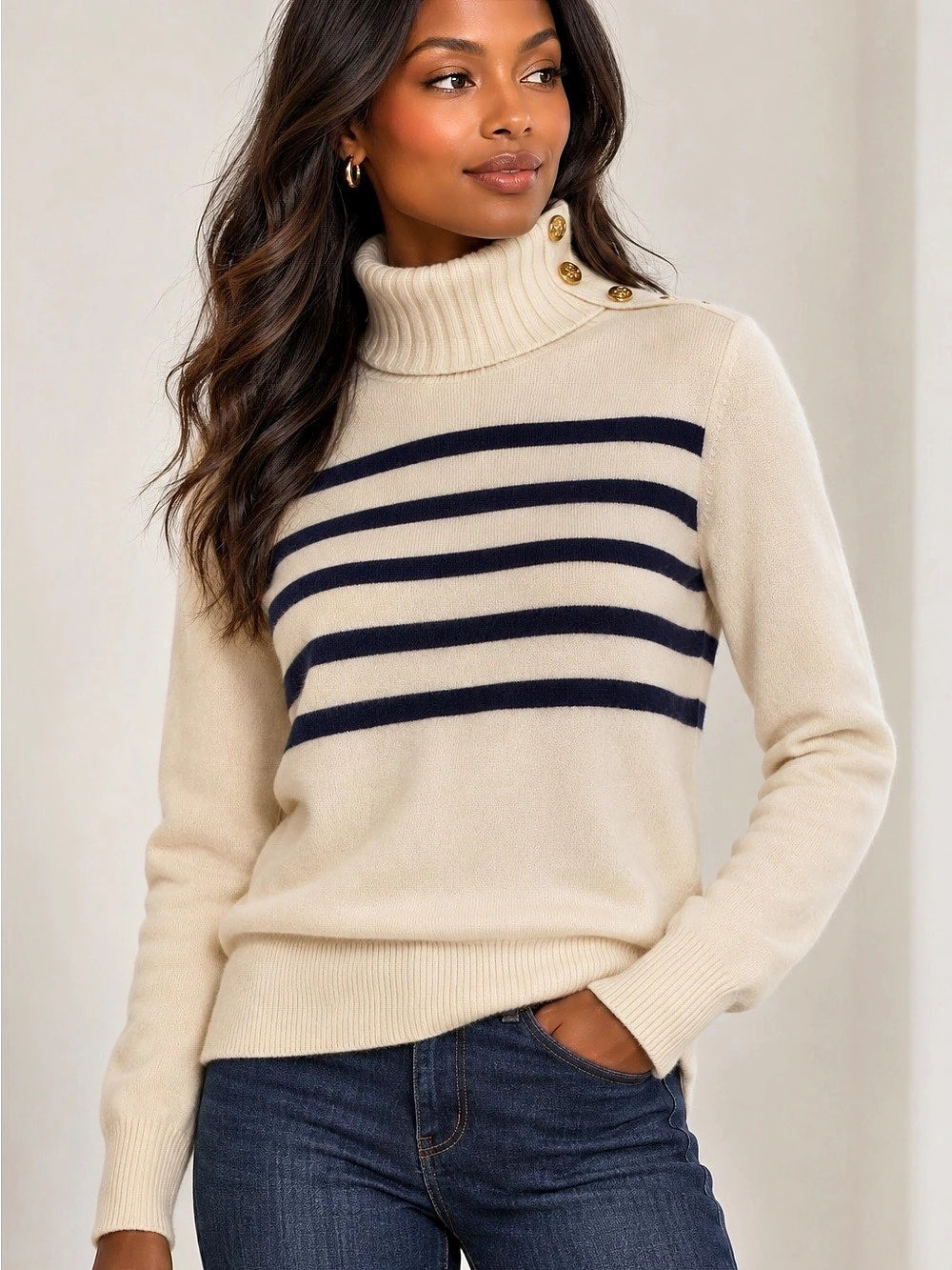 Tory Burch 100% Cashmere Striped Turtleneck Sweater Ivory Navy Size Small